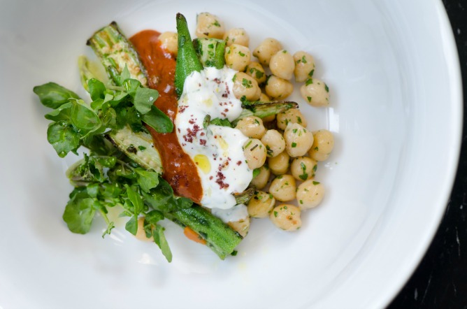 Chickpeas and Okra with Yogurt and Harissa
