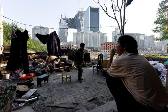 Migrant Workers Overlooking CCTV Tower, Beijing
