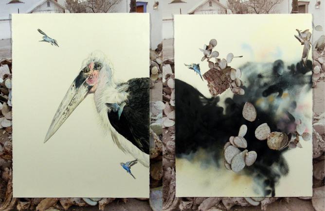 Heimir Björgúlfsson, Untitled, 2013, color pencil, spraypaint and photograph on paper diptych | Image Courtesy of Heimir Björgúlfsson and Barbara Seiler Gallery