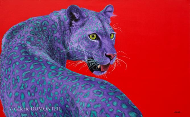 Helmut Koller, Leopard on Red, 2013, acrylic on linen, signed, 122 x 198 cm, presented by Galerie DUMONTEIL at Art Central 2015 | Courtesy Galerie DUMONTEIL