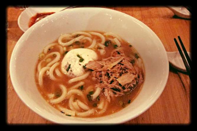  Udon noodles with slow cooked pork shoulder, plum-soy broth, poached egg and scallion at Bones in Capitol Hill, Denver.