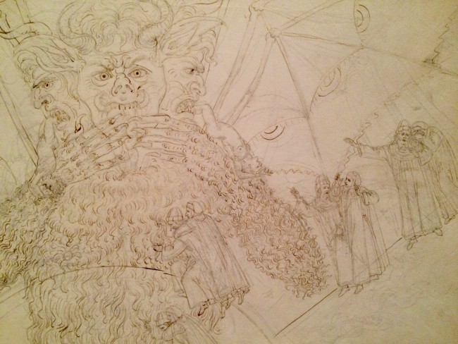 Botticelli, Inferno XXXIV, 2 (detail) The figures of Dante and Virgil are shown several times | Courtesy of A.Winners