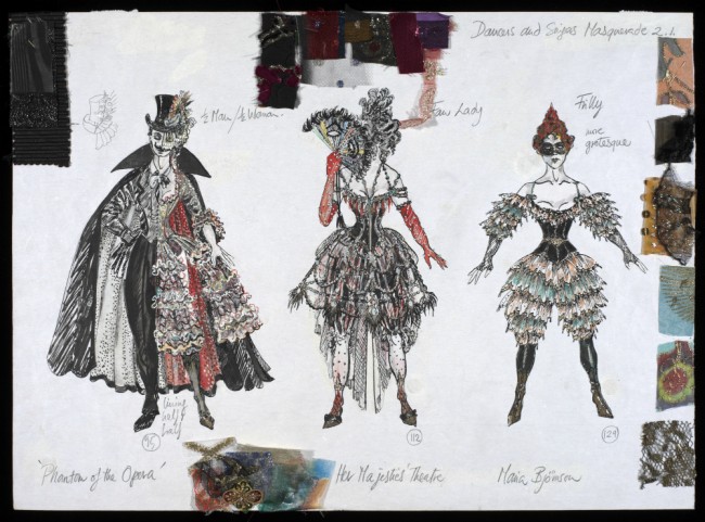 Costume design, The Phantom of the Opera, 1986 showing Three dancers and singers in the Masquerade, Act II Scene i. | Courtesy of Maria Bjornson Archive