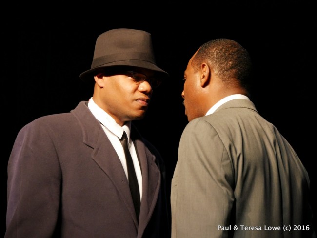Actor Trae Ireland gives a stunning performance of Malcom X meeting with Dr. Martin Luther King Jr in the stage play "Martin Duty Calls"
