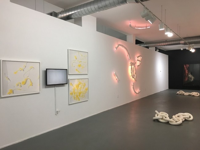 The Ambiguous Lightness of Being at Diana Lowenstein Gallery: Beatrice Pediconi, photos and videos from the Red series; Michele Chiossi, Carrara Arabesque; and Jaroslav Kysa, Monument for Fallen Monuments (barely visible), on the ground are Xavery Wolski chains. | © Courtesy Photo Diana Lowenstein Gallery