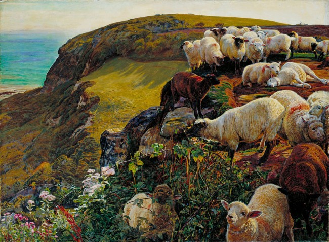 Holman Hunt, Our English Coasts, 1852 (Strayed Sheep), 432 x 584 mm, Tate Britain, 1852 | © DcoetzeeBot/WikiCommons