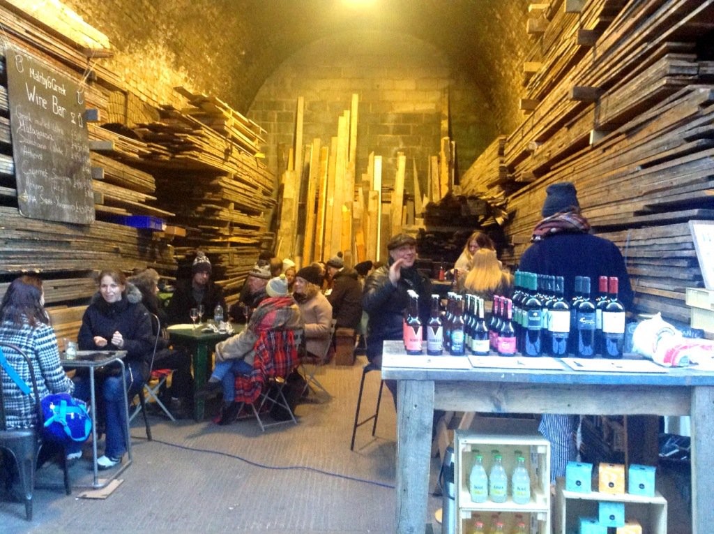 Maltby & Greek setup in the lumber storage arch at Maltby Street Market | Courtesy of Maltby & Greek