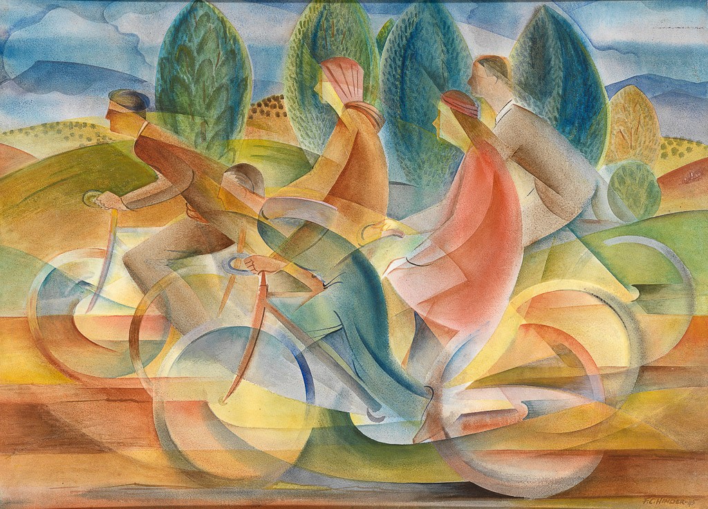 mage courtesy of NGV, Frank Hinder Australia 1906–92, lived in United States 1927–34 Cyclists, Canberra 1945 watercolour and tempera on paper on card 51.4 x 70.8 cm Purchased, 1947 (1797-4) © Enid Hawkins, daughter of the artist