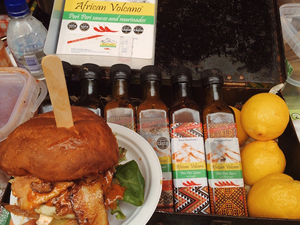 African Volcano burger and peri peri sauces at the Maltby Street Market | Courtesy of A. Winners
