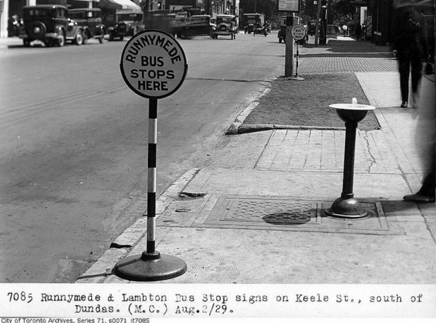 Runnymede and Lambton bus stop signs, on Keele Street, south of Dundas Street | © Toronto History/Flickr