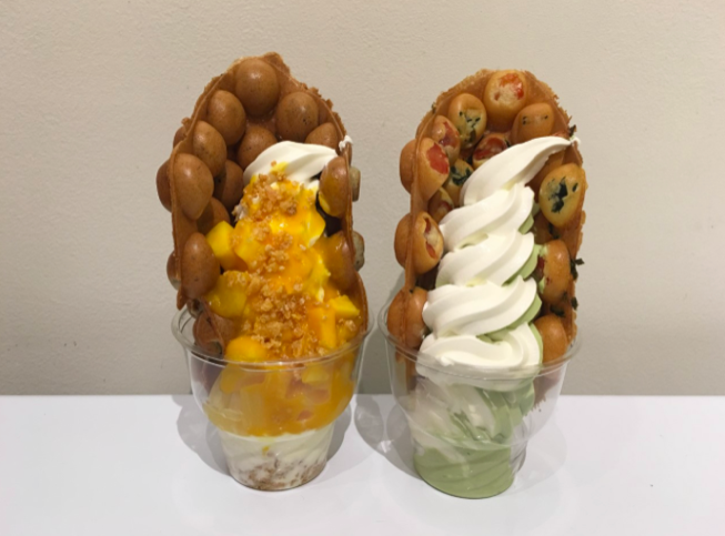 Left: Cookies ‘N’ Cream Wooffle with a Mango ‘N’ Pineapple Parfait Cup Right: Lap Cheong ‘N’ Seaweed Wooffle with a Matcha Green Tea and Vanilla Twist Soft Serve | Courtesy of Wooffles & Cream