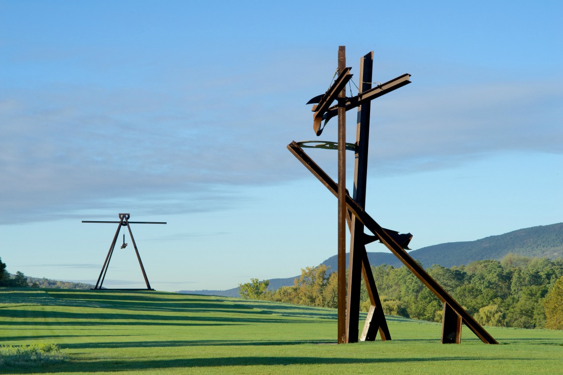 View of the South Fields, all works by Mark di Suvero. Pyramidian, 1987/1998. Gift of the Ralph E. Odgen Foundation. Jeanne, 2014-2015. Courtesy of the artist and Spacetime C.C., New York. Photo by Jerry L. Thompson.