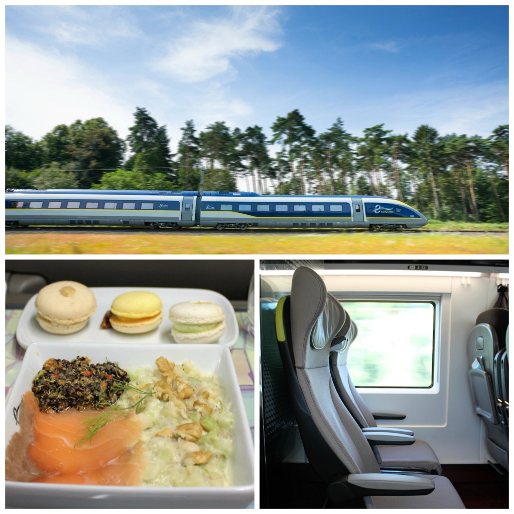 (Above) Eurostar e320 whizzes through the countryside | © Eurostar, Courtesy of Rob Haycocks, (Below left) Enjoy an afternoon meal by renowned Michelin starred chef Raymond Blanc, (Below right) All the comforts of home in Business Premier | Courtesy of Anne Boyle