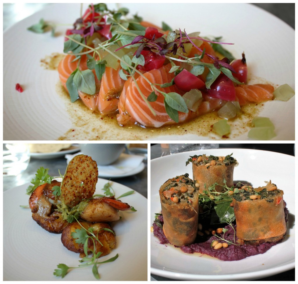 (Top) H. Forman & Son's salmon sashimi, (bottom left) Grilled miso marinated diver scallop & (bottom right) Rainbow chard | Courtesy of Anne Boyle