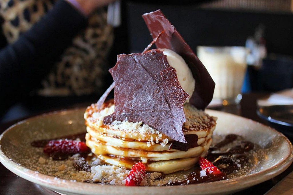 Buttermilk pancakes, salted caramel + chocolate, nut praline vanilla bean ice-cream | Courtesy of The Precinct © @goodfoodofperth