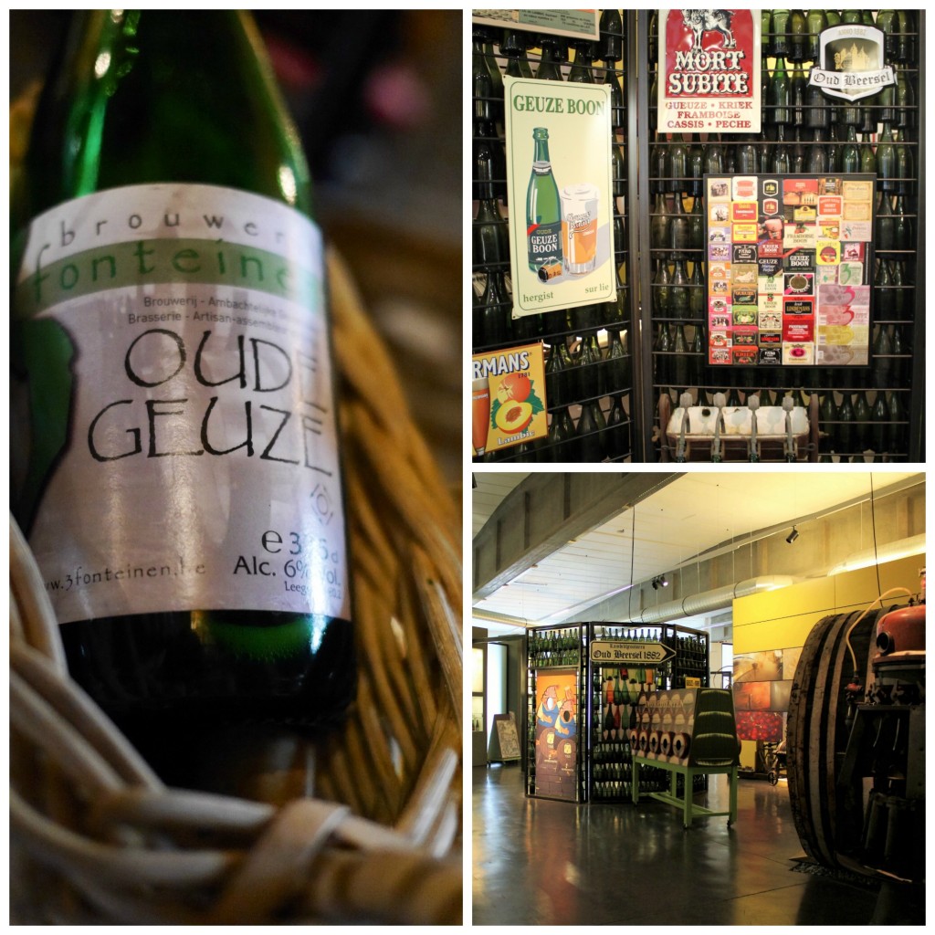(Left) Oude Geuze by De Drie Fonteinen | Smabs Sputzer/Flickr/ (Top right) Famous lambic beers brewed on site | Courtesy of Anne Boyle/ (Bottom right) The Lambiek Visitor Centre contains an interactive exhibition about the history of lambic beer in Belgium | Courtesy of Anne Boyle