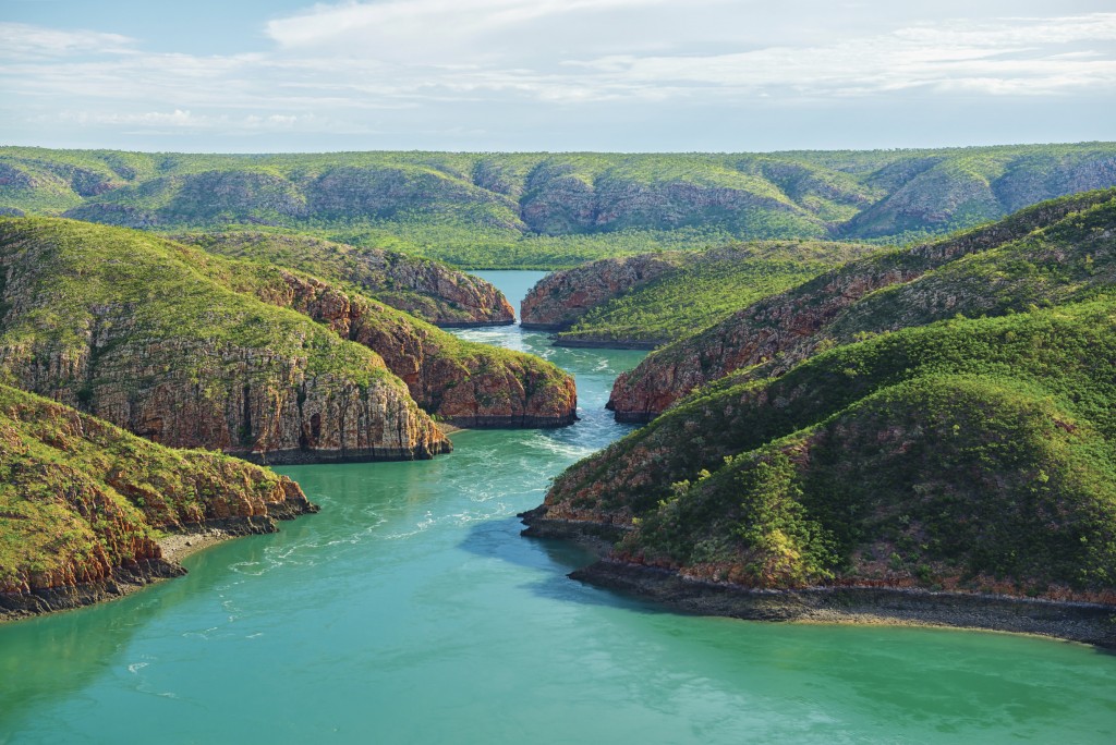 Aerial shot of the world's only Horizontal Waterfalls, Talbot Bay | © Lauren Bath