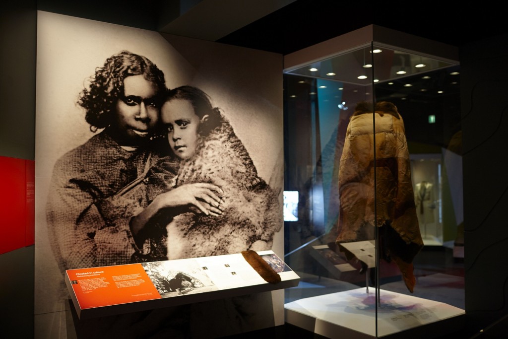 Possum skin cloak displays in 'Our Story' section of First Peoples exhibition at Bunjilaka, Melbourne Museum