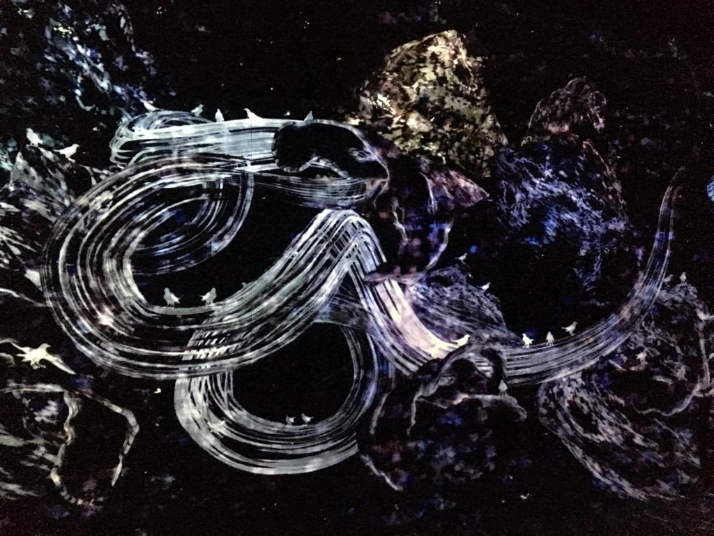 An image of teamLab's interactive digital installation, "Crows Are Chased and the Chasing Crows Are Destined to be Chased As Well, Blossoming on Collision - Light in Space" | © Alicia Joy