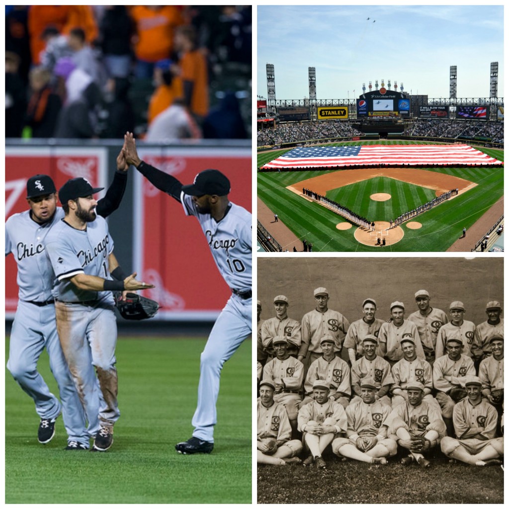 Left: White Sox players; Top Right: U.S. Cellular Field; Bottom Right: 1919 White Stockings Team