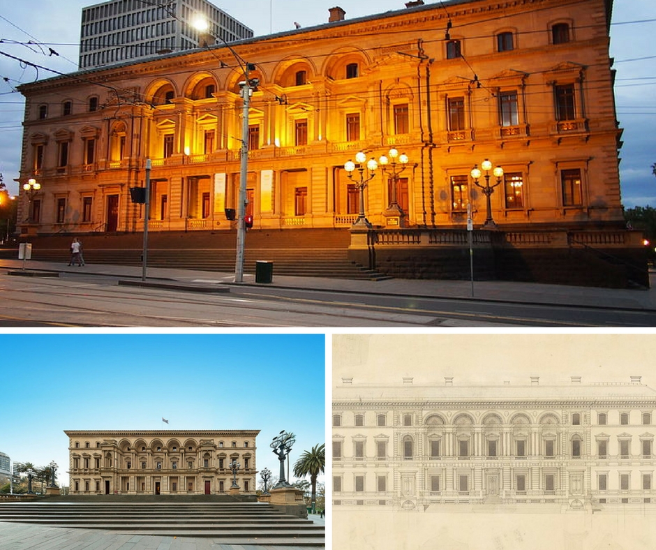 Old Treasury Building at dusk Dec 2012 © Nick-D/WikimediaCommons | OTBfrontCOLOUR2 © Gil Meydan/WikimediaCommons | Old Treasury Building facade © State Library of Victoria/WikimediaCommons
