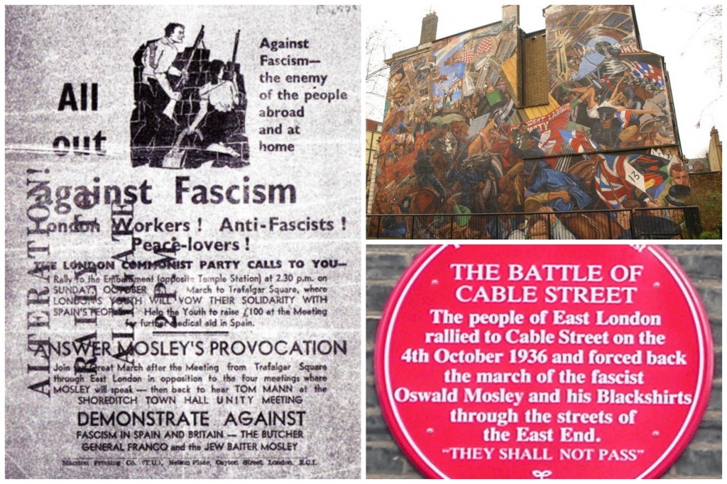 A London Communist Party leaflet calling for anti-fascist action in the 4th October 1936|Wikicommons / A mural depicting the Battle of Cable Street on the side of St George's Town Hall |©Derek Harper/Geograph / A plaque on Cable Street commemorating the battle|©Richard Allen/Wikicommons