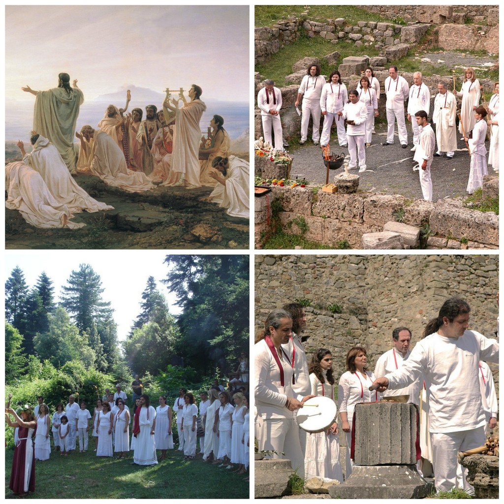 Pythagoreans celebrate sunrise |© Fyodor Bronnikov/WikiCommons / Hellen ritual performed by members of the YSEE, Supreme Council of Ethnikoi Hellenes |© YSEE/WikiCommons