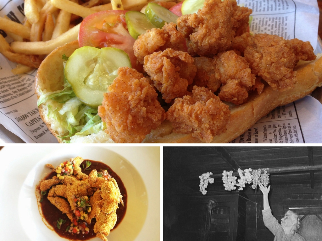 Shrimp Po'Boy | © Clotee Pridgen Allochuku/Flickr | cornmeal fried softshell crab, dark roux gumbo, "redneck caviar" | © T.Tseng/Flickr | Cajun woman reaching for strings of garlic suspended from rafters. Near Crowley, Louisiana, 1938 | Public Domain/WikiCommons