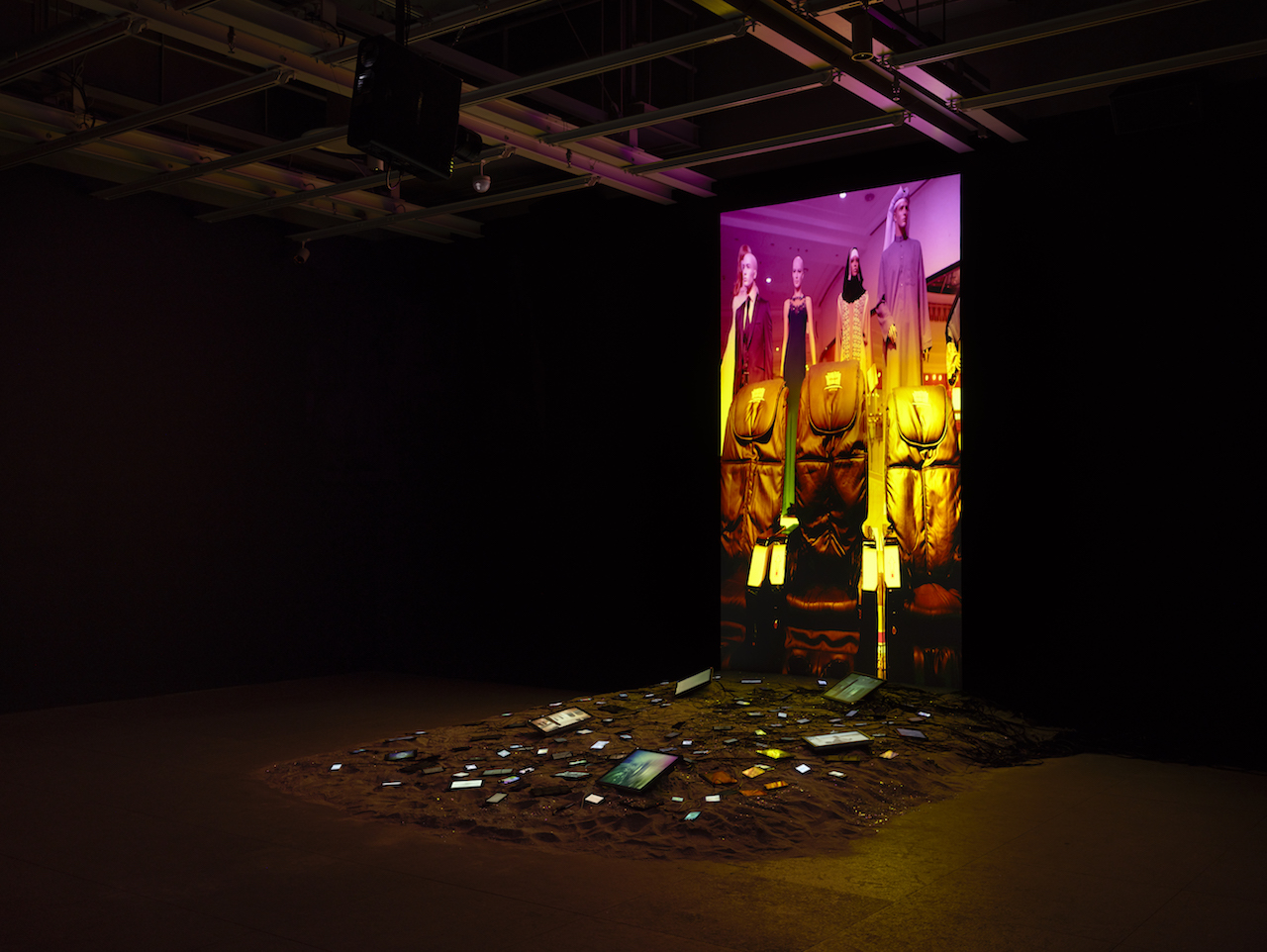 Black Friday, 2016, and The Litany, 2016 by Sophia Al-Maria. Installation view Sophia Al-Maria: Black Friday (July 26-October 31, 2016). Collection of the artist; courtesy Anna Lena Films, Paris and The Third Line, Dubai. Whitney Museum of American Art; New York. Photo: Ron Amstutz