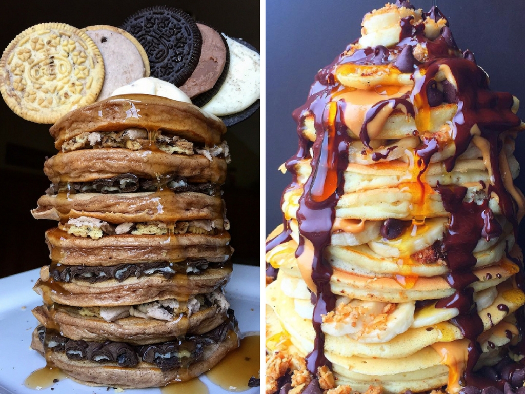 Oreo pancakes | Courtesy of @pancakesandprz | Double chocolate caramel banana pancakes | Courtesy of @hungrybetches