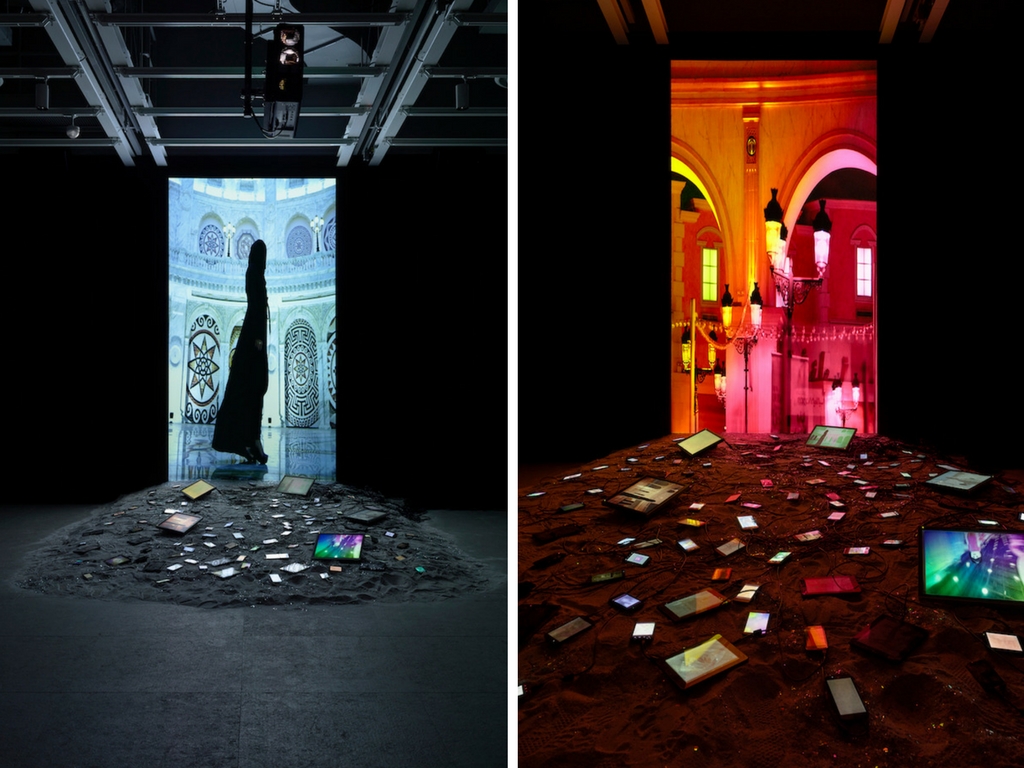 Black Friday, 2016, and The Litany, 2016 by Sophia Al-Maria. Installation view Sophia Al-Maria: Black Friday (July 26-October 31, 2016). Collection of the artist; courtesy Anna Lena Films, Paris and The Third Line, Dubai. Whitney Museum of American Art; New York. Photo: Ron Amstutz