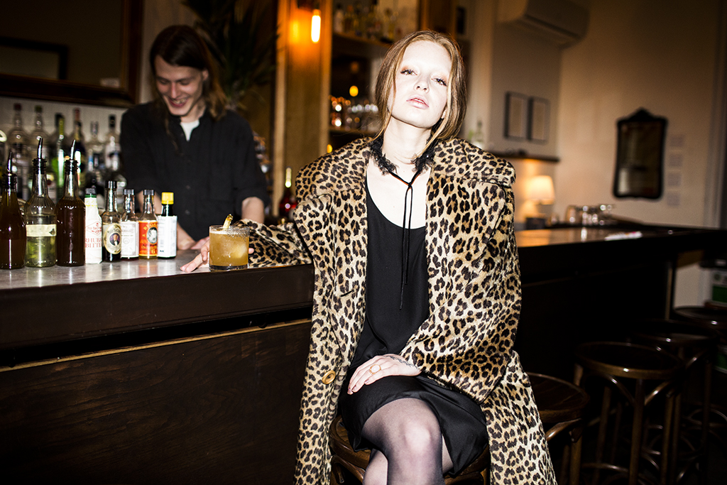 Liberty Shift Ash and Light, $265. Custom Tableaux Vivants Lace Tulle Choker. Coat fashion editor's own.