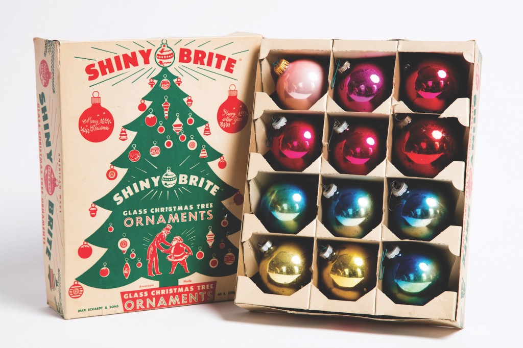 Assorted Shiny Brite ornaments from the 1950s and 1960s, shown in a box from the same period | © Jeffrey Stockbridge