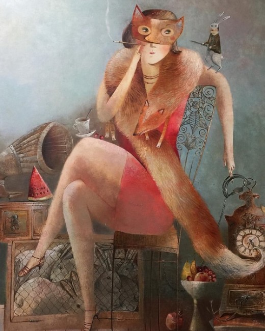 “The Fox and Hunt” and other works by Anna Silivonchik on exhibit at Think + Feel Contemporary. Courtesy Photo | Think + Feel Contemporary (via Facebook.)