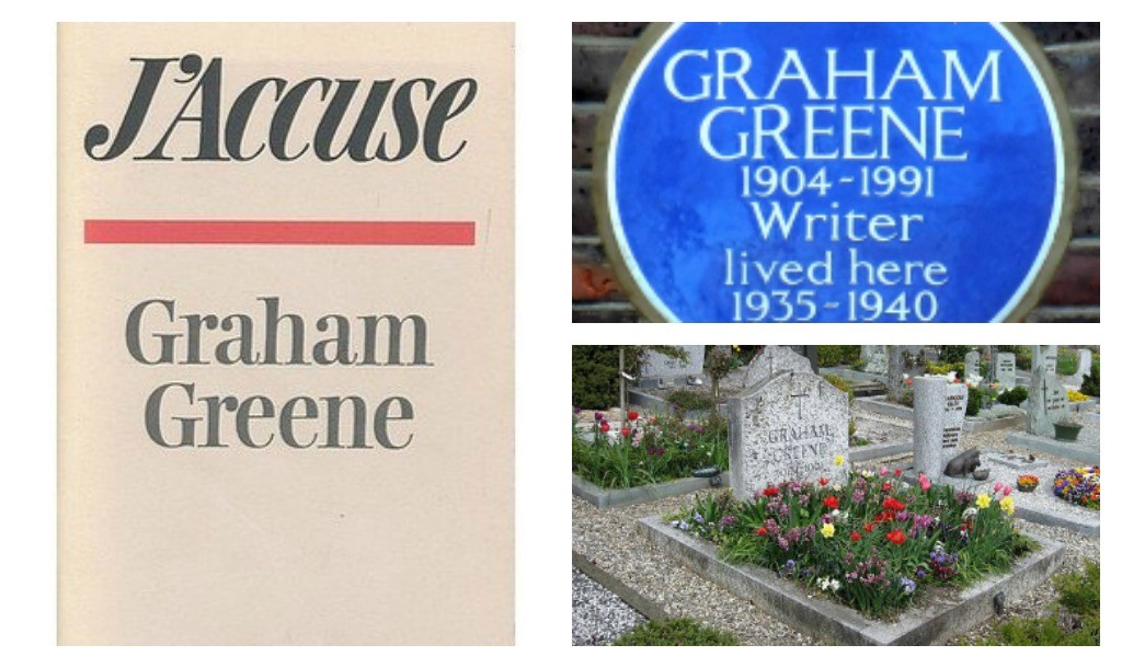 © The Bodley Head | The Graham Greene plaque in Clapham, London © spudGun67/WikiCommons | Graham Greene's grave © Philoum/WikiCommons