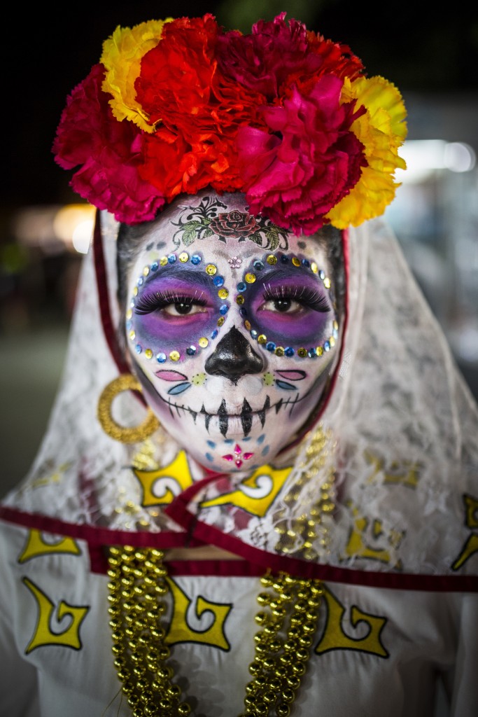 Laura Dale, woman in Day of the Dead costume, Parque de las Palapas, Mexico