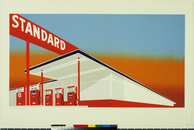 A gas station takes on the clean white and red lines of a pop artist's print