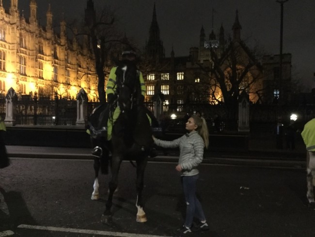 Protester Millie Pellowe takes a moment to befriend a police horse outside Westminster station | © Ruaidhrí Carroll