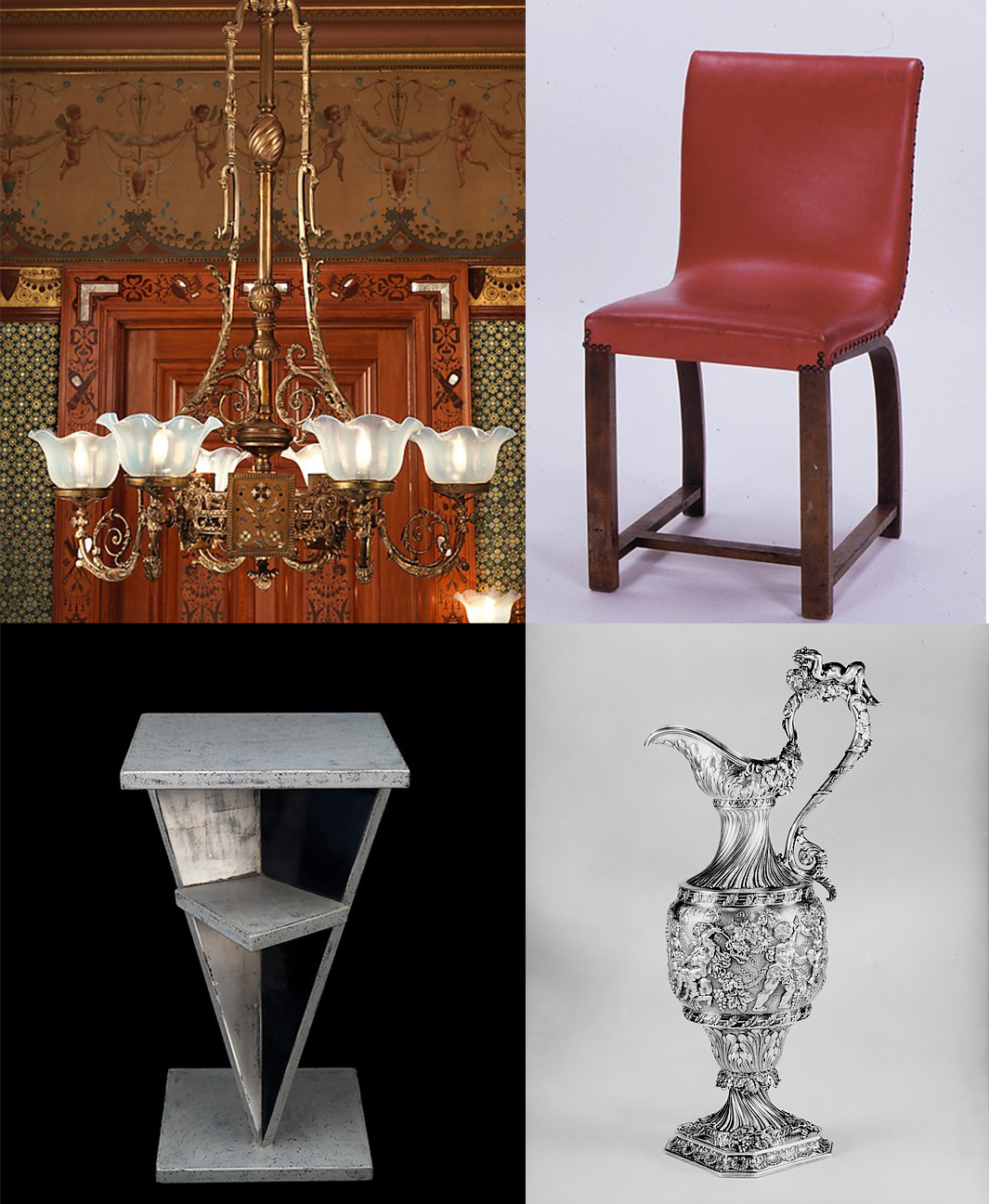 George A. Schastey & Co. chandelier, Gilbert Rohde chair, Jean Dunand lacquered wood chair, Tiffany & Co. silver pitcher