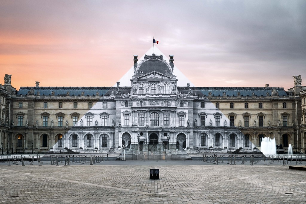 JR at the Louvre, Installation on the Louvre Pyramid, Paris - Photo credit: Fabien Barrau © JR-ART.NET / Courtesy Galerie Perrotin