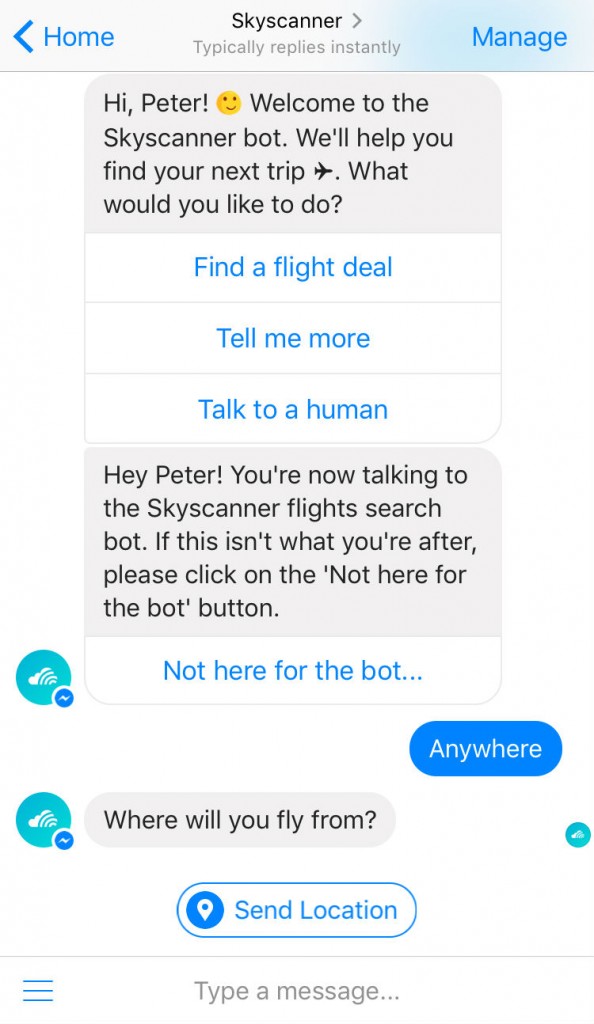 The Skyscanner Facebook bot.| Courtesy Skyscanner.
