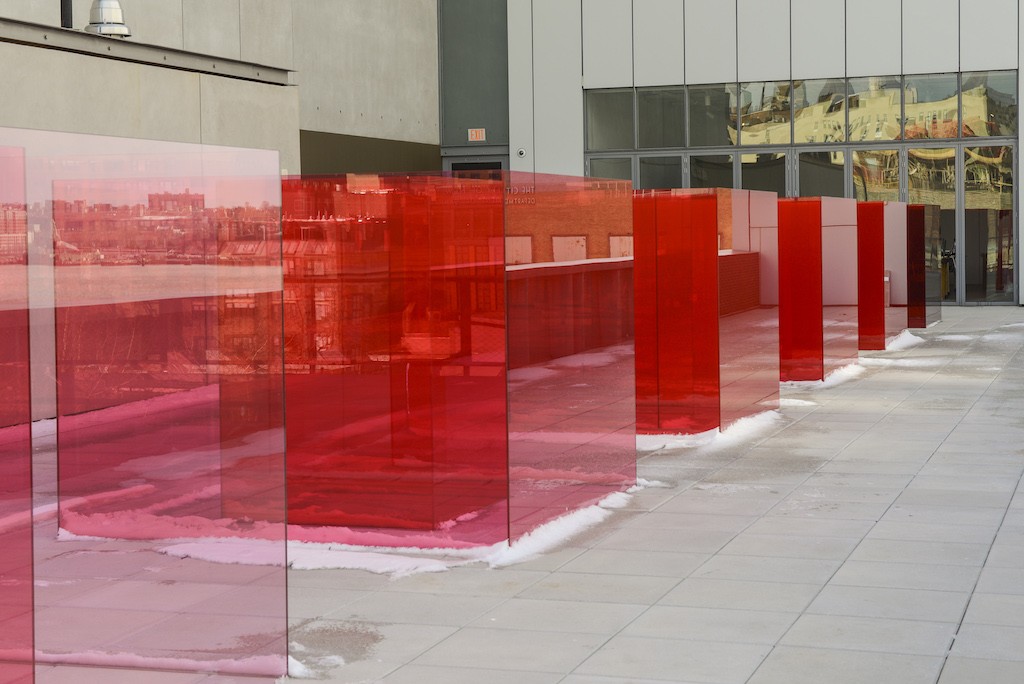Installation view of Larry Bell, Pacific Red II, 2017. Whitney Biennial 2017, Whitney Museum of American Art, New York, March 13-June 11, 2017. Collection of the artist; courtesy Hauser Wirth & Schimmel, Los Angeles. Photograph by Matthew Carasella.