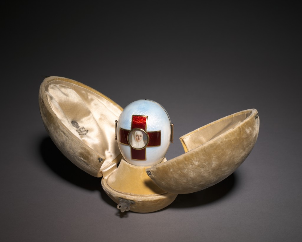 Imperial Red Cross Easter Egg, 1915. Firm of Peter Carl Fabergé (Russian, 1846-1920), Henrik Wigström (Russian, 1862-1923). Gold, silver, enamel, glass | Courtesy of The Cleveland Museum of Art, The India Early Minshall Collection