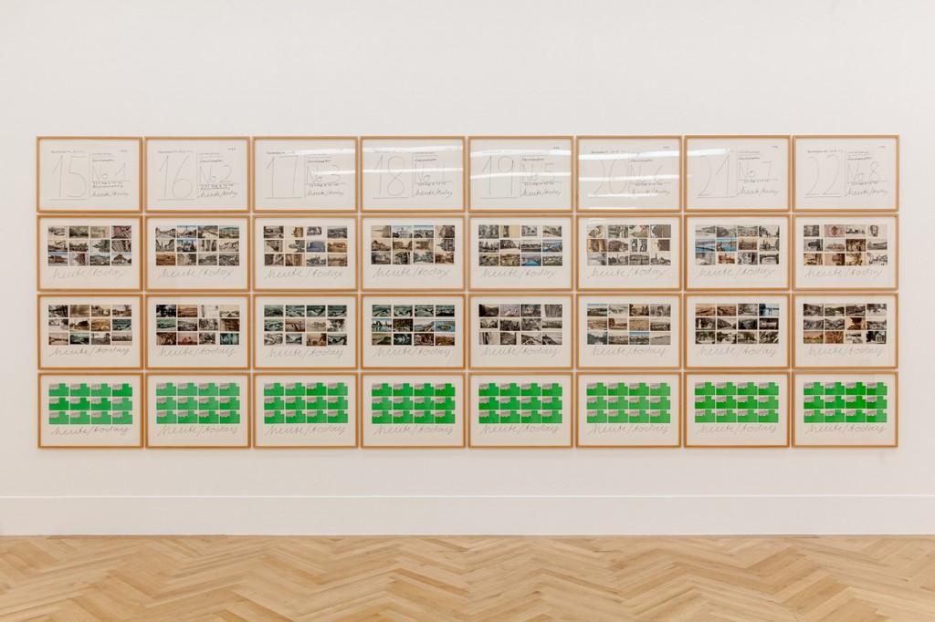 Hanne Darboven Menschen und Landschaften, 1985 Pencil and felt pen on cardboard, historical postcards and “Ubiquist”-cards. Exhibition view at Kunst- und Ausstellungshalle der Bundesrepublik Staatliche Museen zu Berlin Nationalgalerie | © Hanne Darboven Stiftung, Hamburg / VG Bild-Kunst, Bonn 2017 / photo: Maximilian Geuter