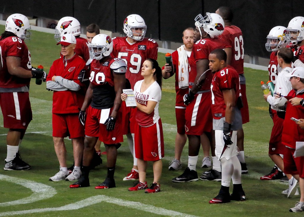 Cardinals training camp coach Jen Welter watches practice. | Photo by Matt York/AP/REX/Shutterstock
