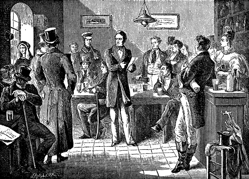 Litography of Jenneval reciting the first draft of the Brabançonne to his revolutionary friends in Brussels pub Aigle d’Or | public domain