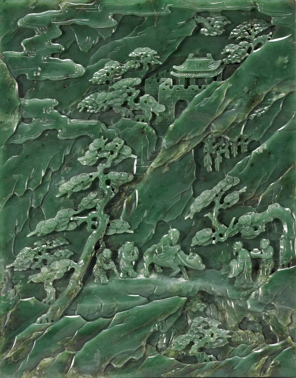 A Finely-Carved Spinach-Green Jade 'Daoist' Table Screen Qing Dynasty, 18th Century | Courtesy of Sotheby's
