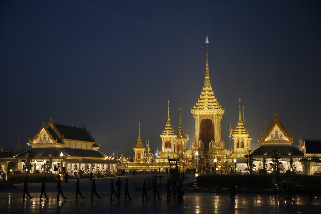 Thai police line up in front of the royal crematorium on the morning of the ceremony | © Rungroj Yongrit/EPA-EFE/REX/Shutterstock