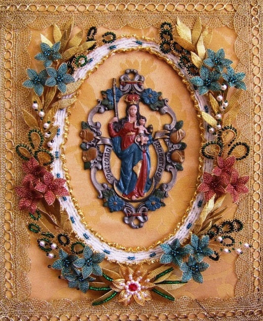Colourful ganutell flowers adorn a religious piece | Courtesy Maria Kerr