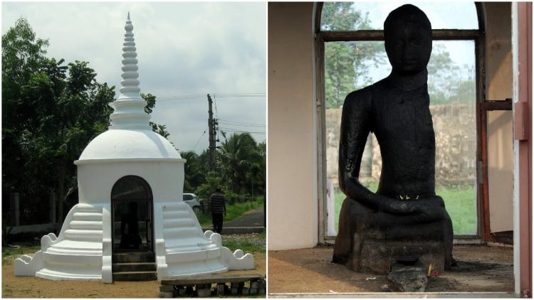 Karumady Kuttan Stupa (left | © Sanandkarun/Wikimedia Commons). Karumady Kuttan shrine (right | © Challiyan/Wikimedia Commons). The left half of the statue is believed to be destroyed by an elephant